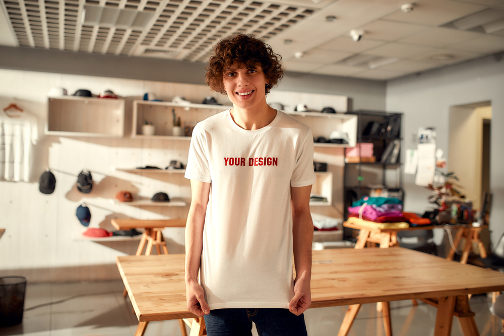 Branded apparel designer wearing customizable shirt in design studio
